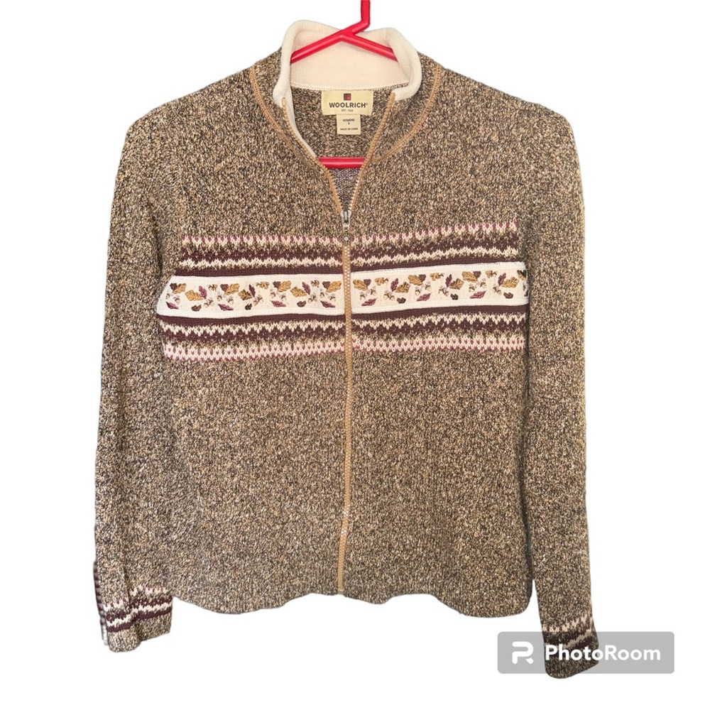 Woolrich Women’s Fawn Heather Fair Isle Zip Sweater EUC size S